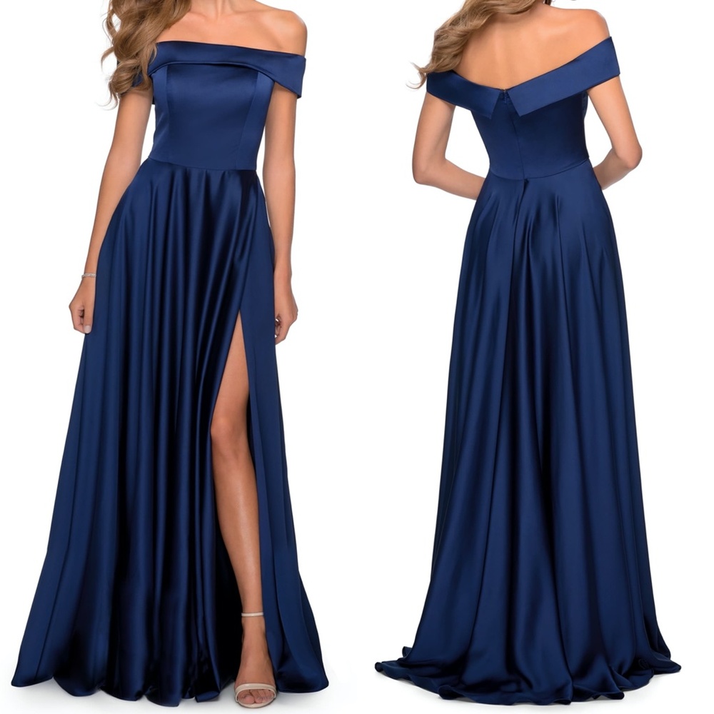 NEW LA FEMME Navy OFF THE SHOULDER Side Slit EVENING DRESS Satin BALL GOWN